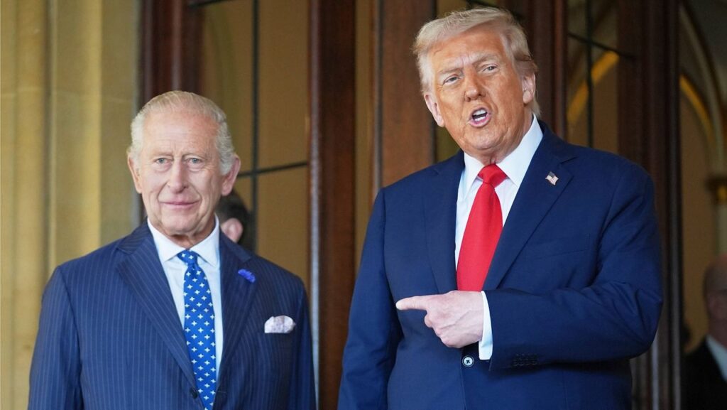 President Donald Trump gestures next to Britain's King Charles III before leaving Windsor Castle, Windsor, England, Sept. 18, 2025. (AP Photo/Evan Vucci, file)