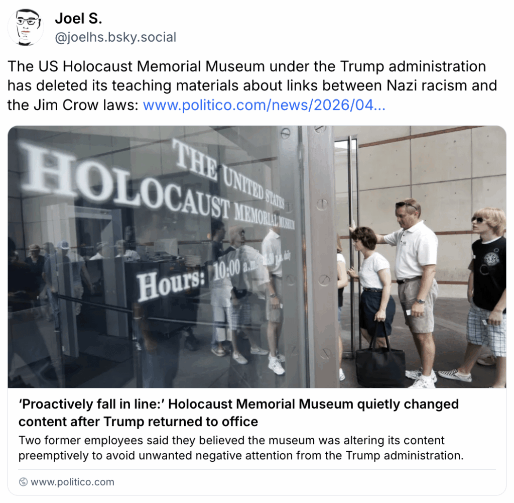 The US Holocaust Memorial Museum under the Trump administration has deleted its teaching materials about links between Nazi racism and the Jim Crow laws