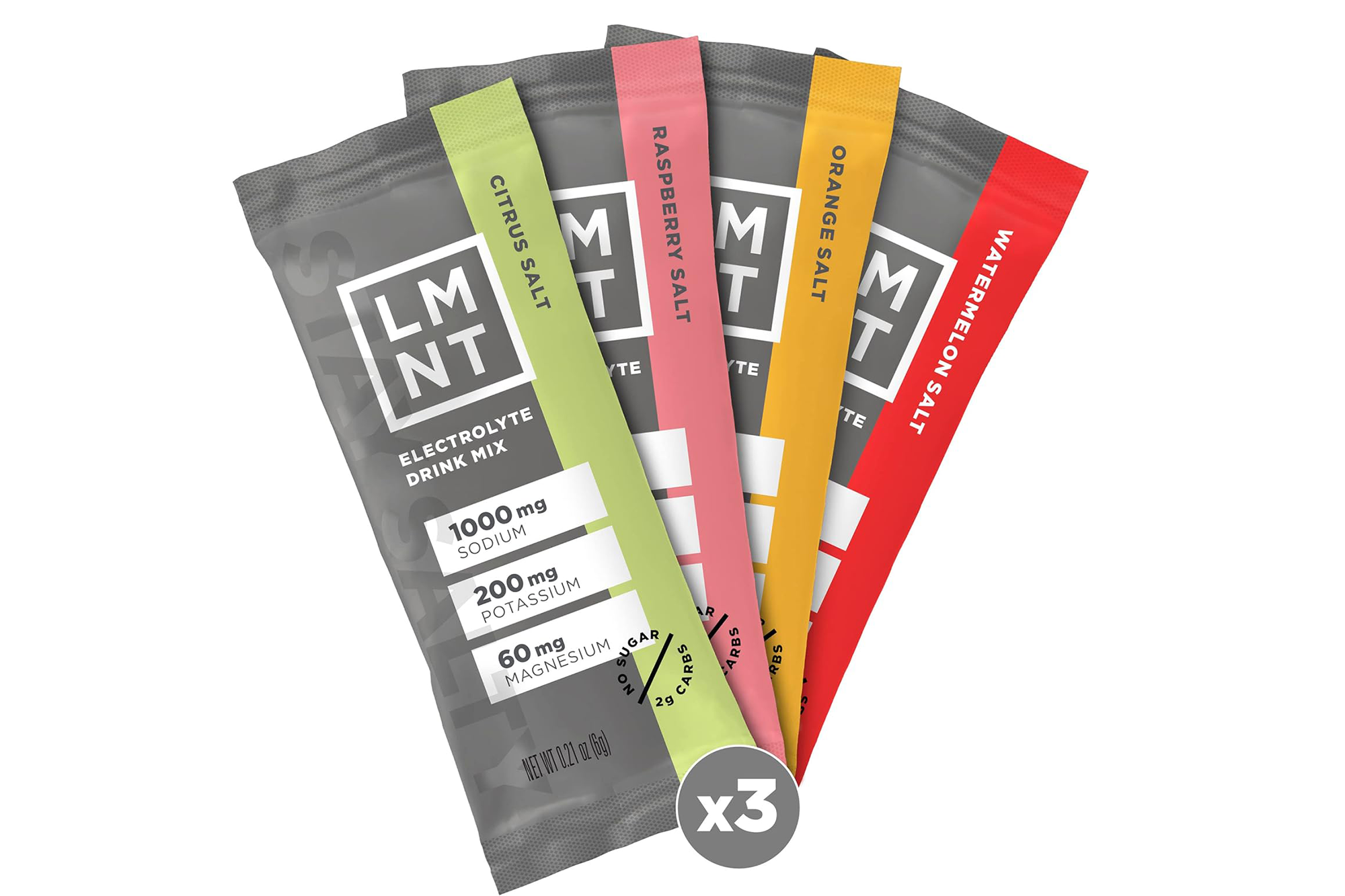 LMNT Electrolyte Drink Mix in citrus salt, raspberry salt, orange salt, and watermelon salt flavors.