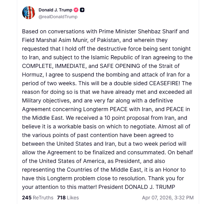 Trump announces a 2 week cease fire with Iran.