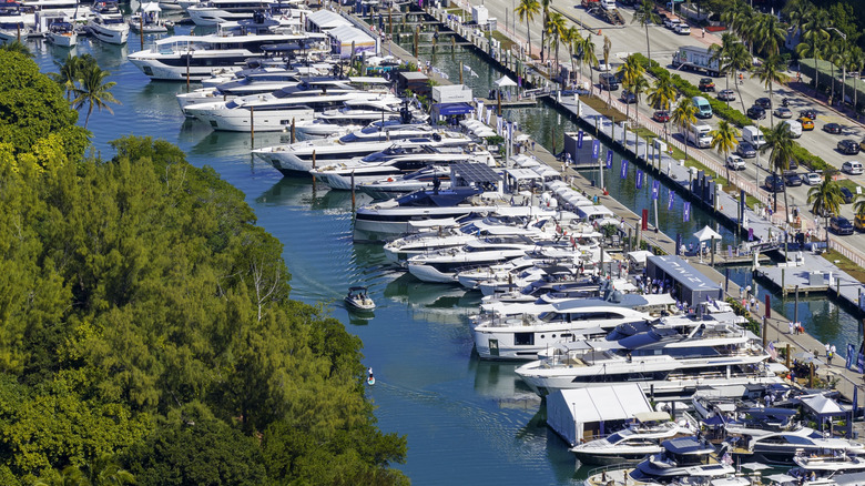 Yachts stages at Indian Creek for the Miami International Boat Show in Florida