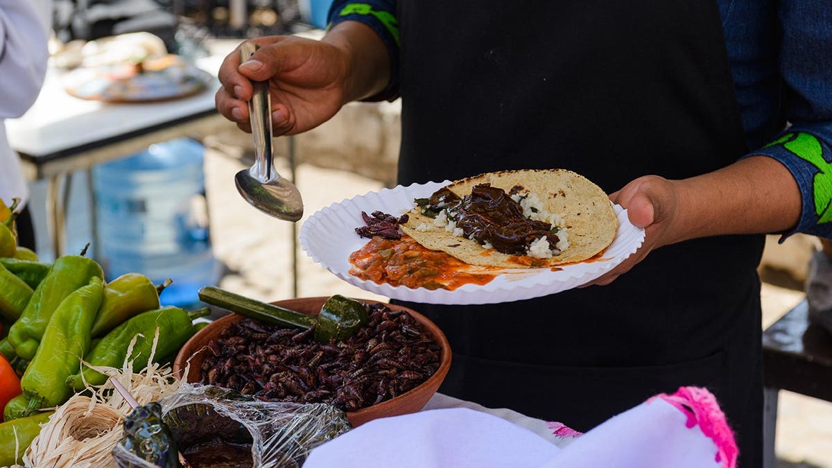 A vendor holding a taco filled with mole, rice, and chapulines