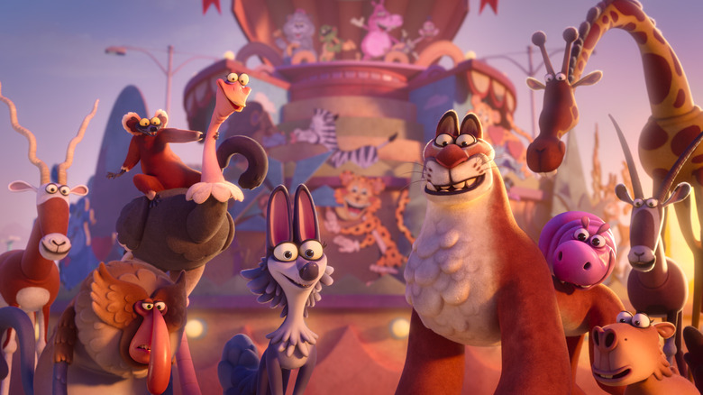 A group of animals in front of an amusment park-like zoo in Night of the Zoopocalypse