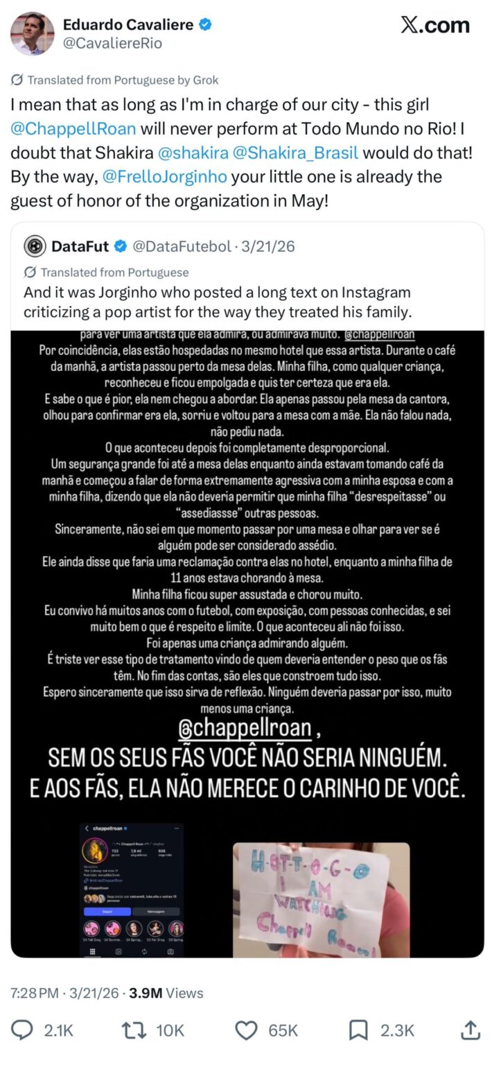 One month later and the mayor of Rio de Janeiro, Eduardo Cavaliere, has yet to remove his X post banning Chappell Roan or issue a retraction.