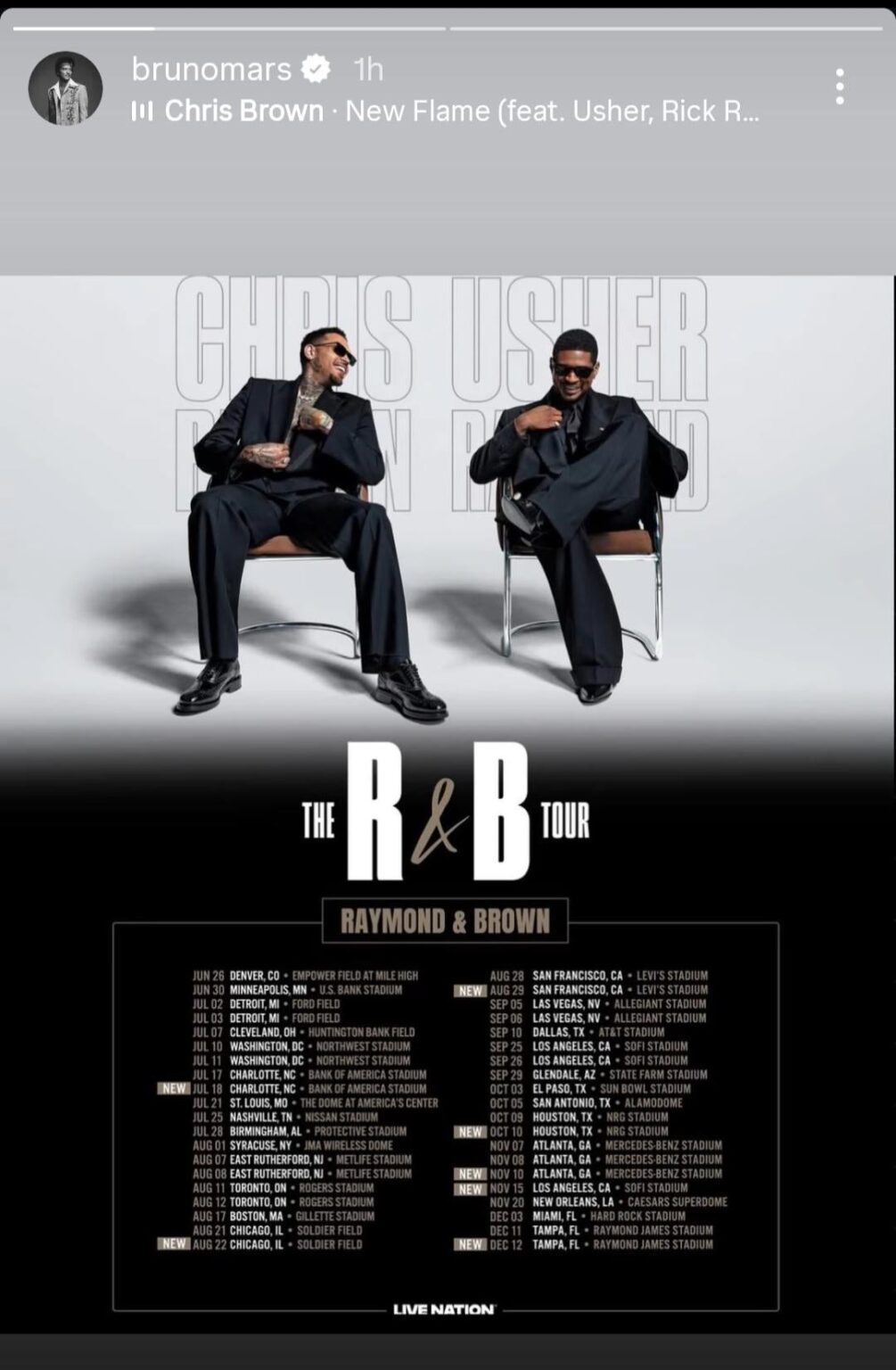 Bruno mars supports the chris brown and usher R&B tour....