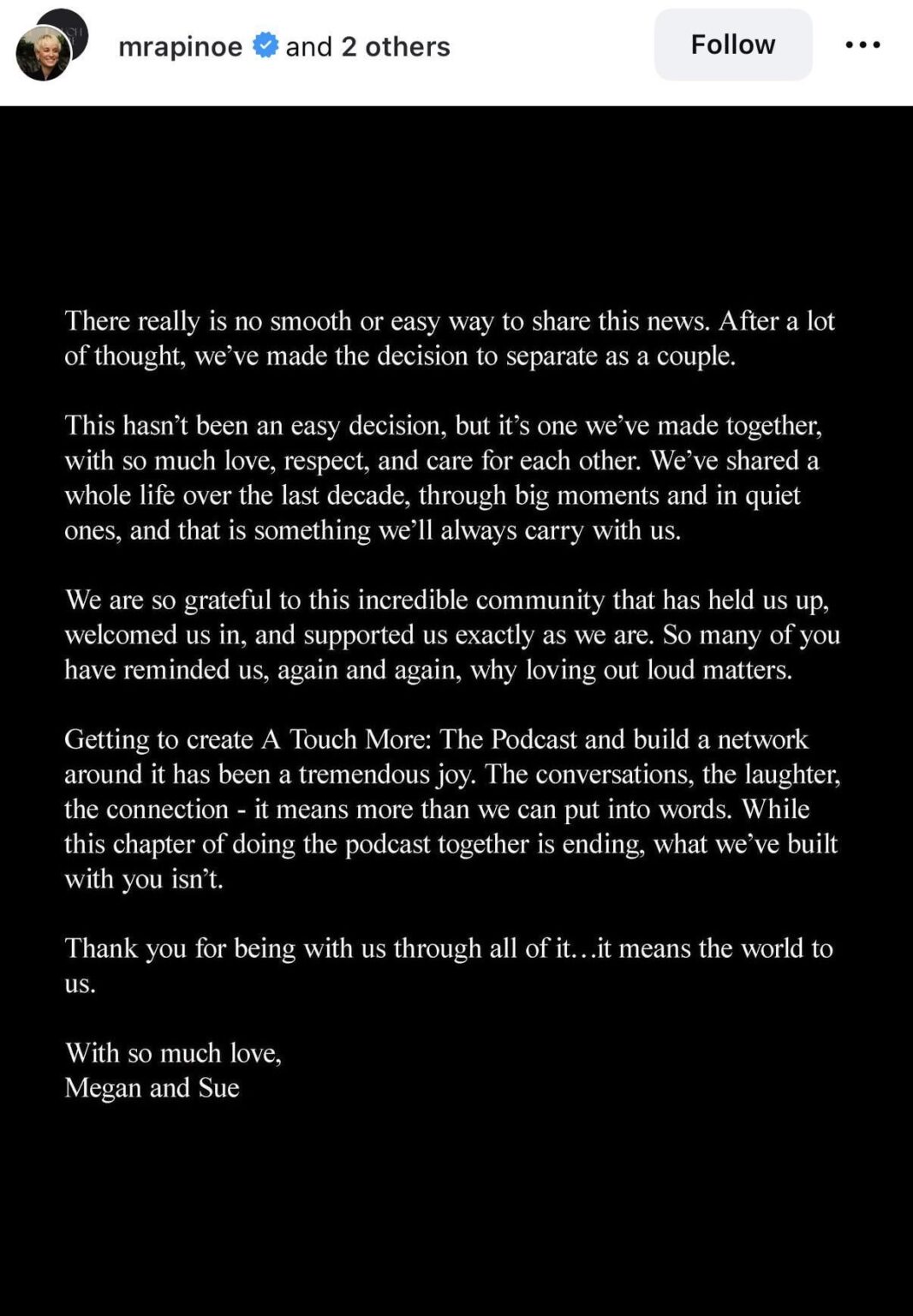 Megan Rapinoe and Sue Bird announce separation