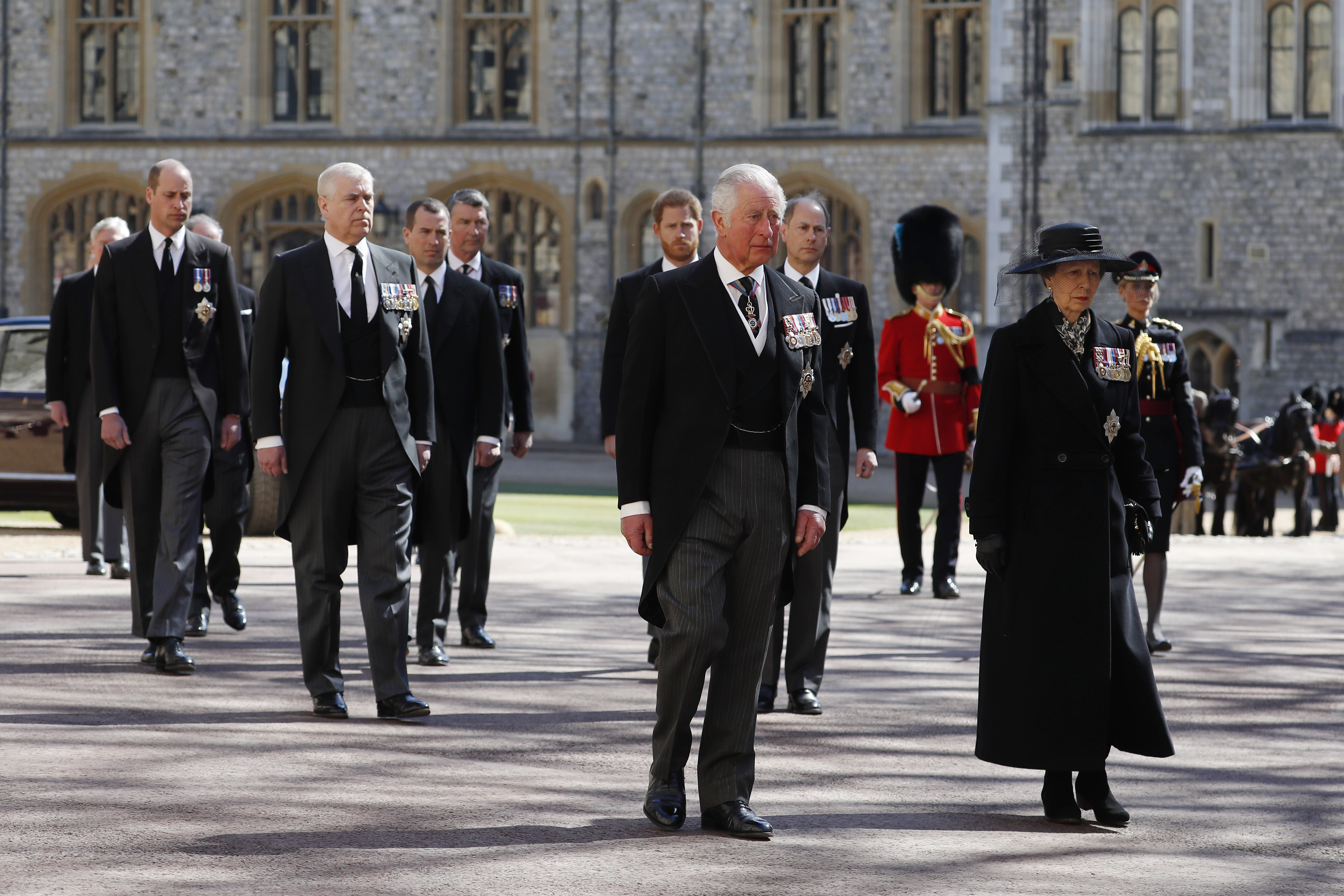 King Charles, Princess Anne, Prince Andrew, Prince Harry, Prince William and Prince Edward walking at Prince Philip's funeral