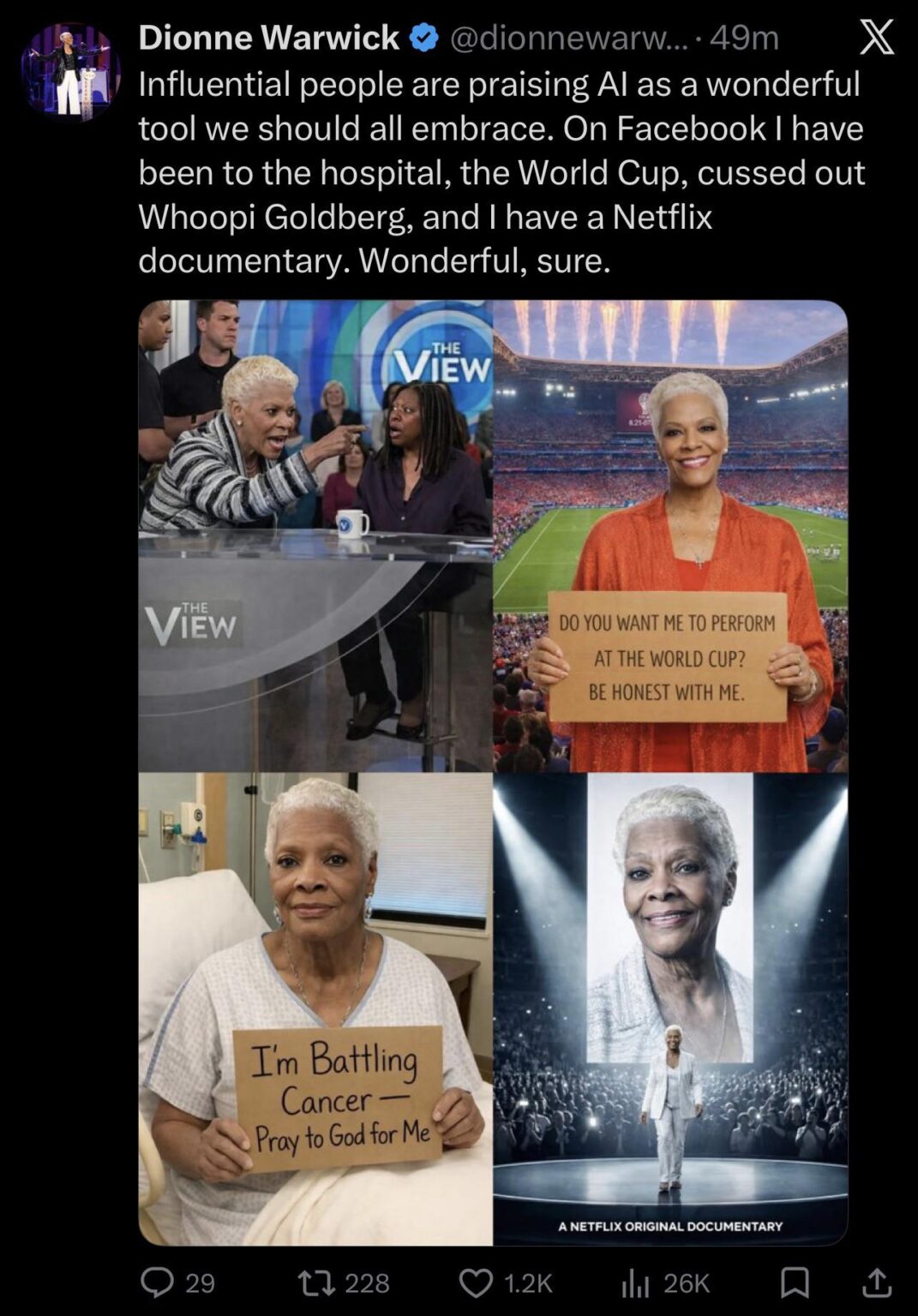 Dionne Warwick weighs in on influential people praising AI as “a wonderful tool that should be embraced”: “On Facebook I have been to the hospital, the World Cup, cussed out Whoopi Goldberg, and I have a Netflix documentary. Wonderful, sure.”
