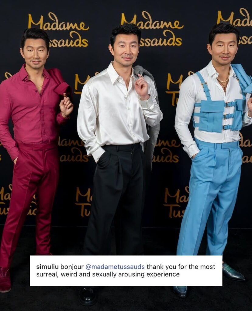 Simu Liu poses with his Madame Tussauds wax figures, going up on display in Orlando & New York: “@madametussauds thank you for the most surreal, weird and sexually arousing experience”