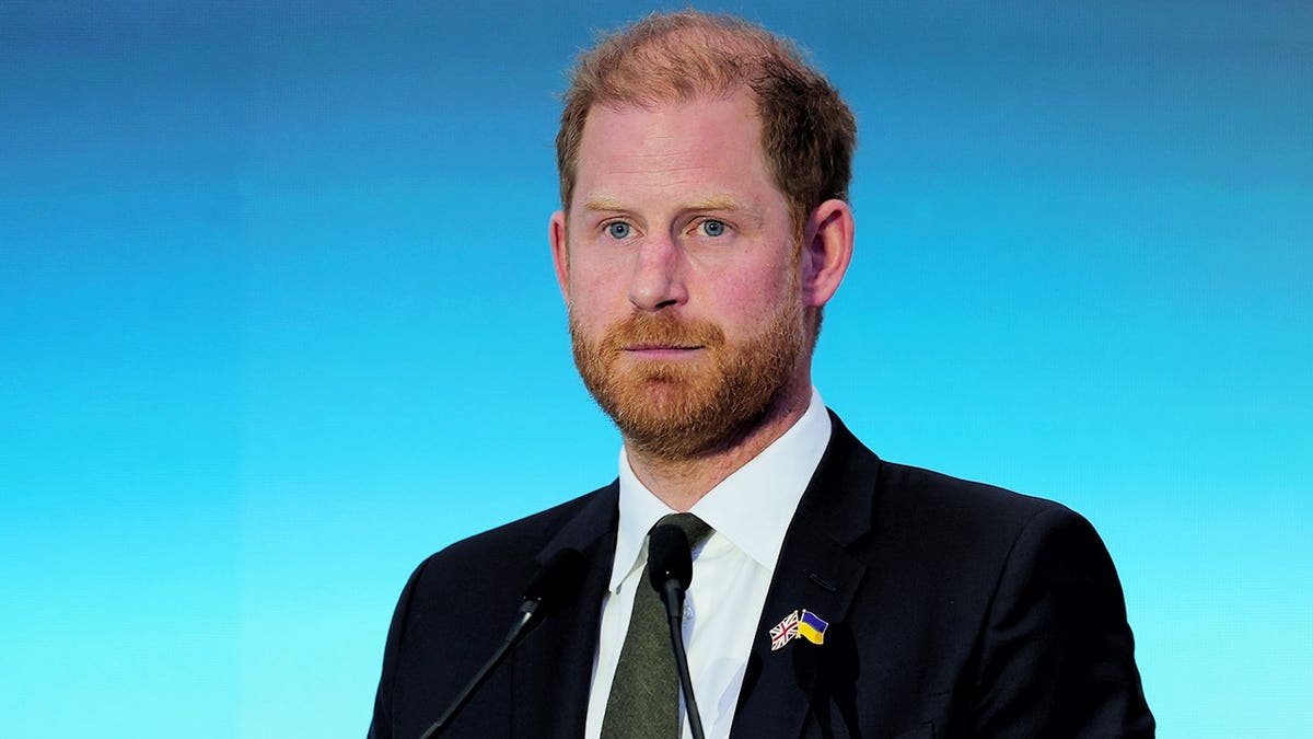 Prince Harry delivering a speech at the Kyiv Security Forum in Kyiv, Ukraine.