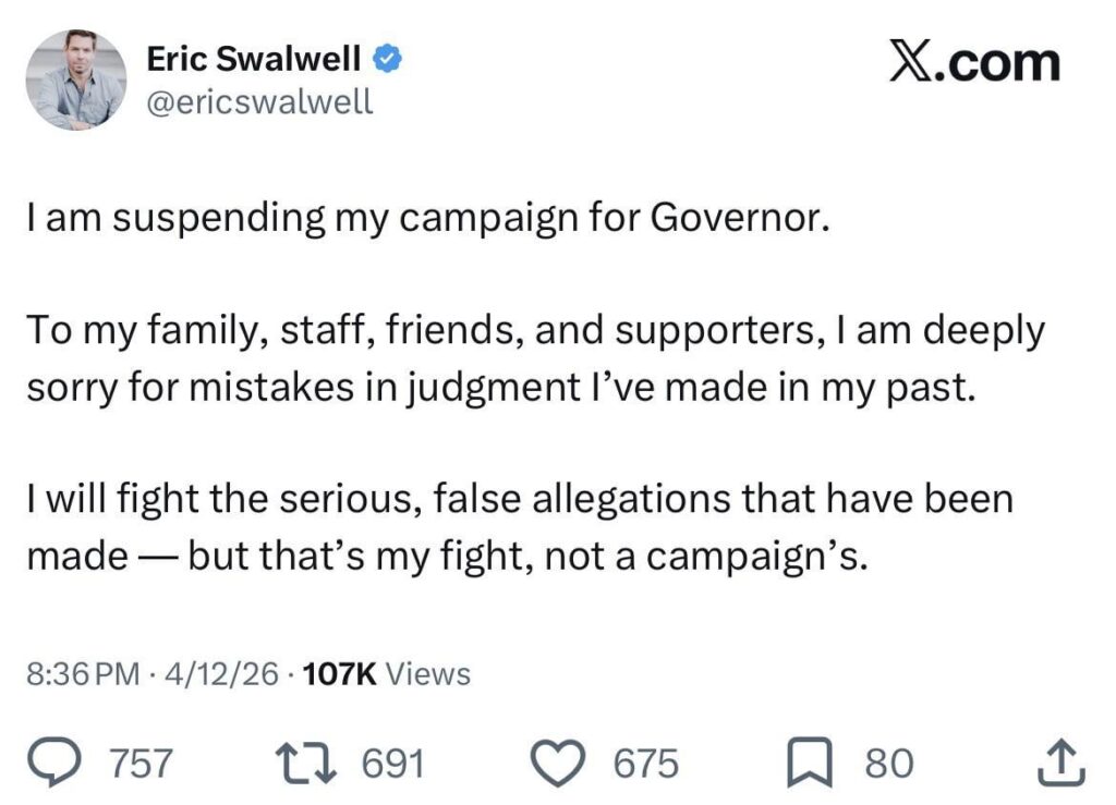 Democratic Rep. Eric Swalwell drops his bid for California governor amid sexual assault accusations: “To my family, staff, friends, and supporters, I am deeply sorry for mistakes in judgment I’ve made in my past.“