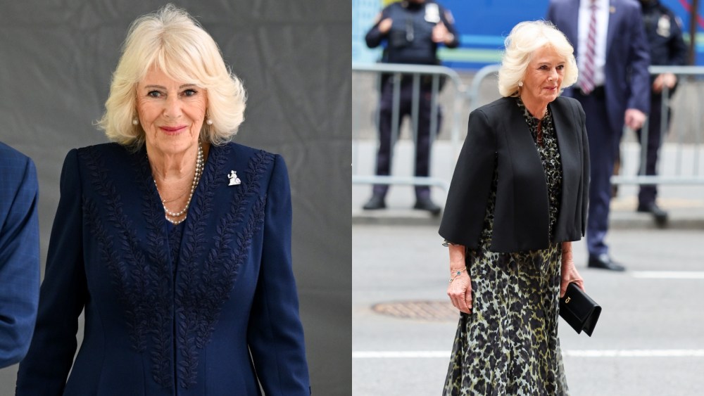 Queen Camilla wears Fiona Clare Aldridge designs during engagements as part of her royal visit to New York City on April 29.