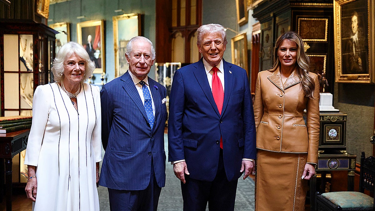 U.S. President Donald Trump and first lady Melania Trump posing with King Charles and Queen Camilla at Windsor Castle