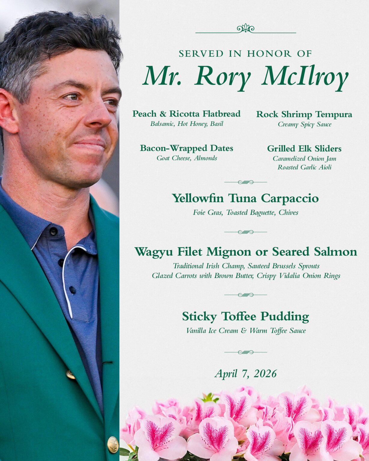 Rory McIlroy's menu he chose for his Masters Club dinner tomorrow (April 7)