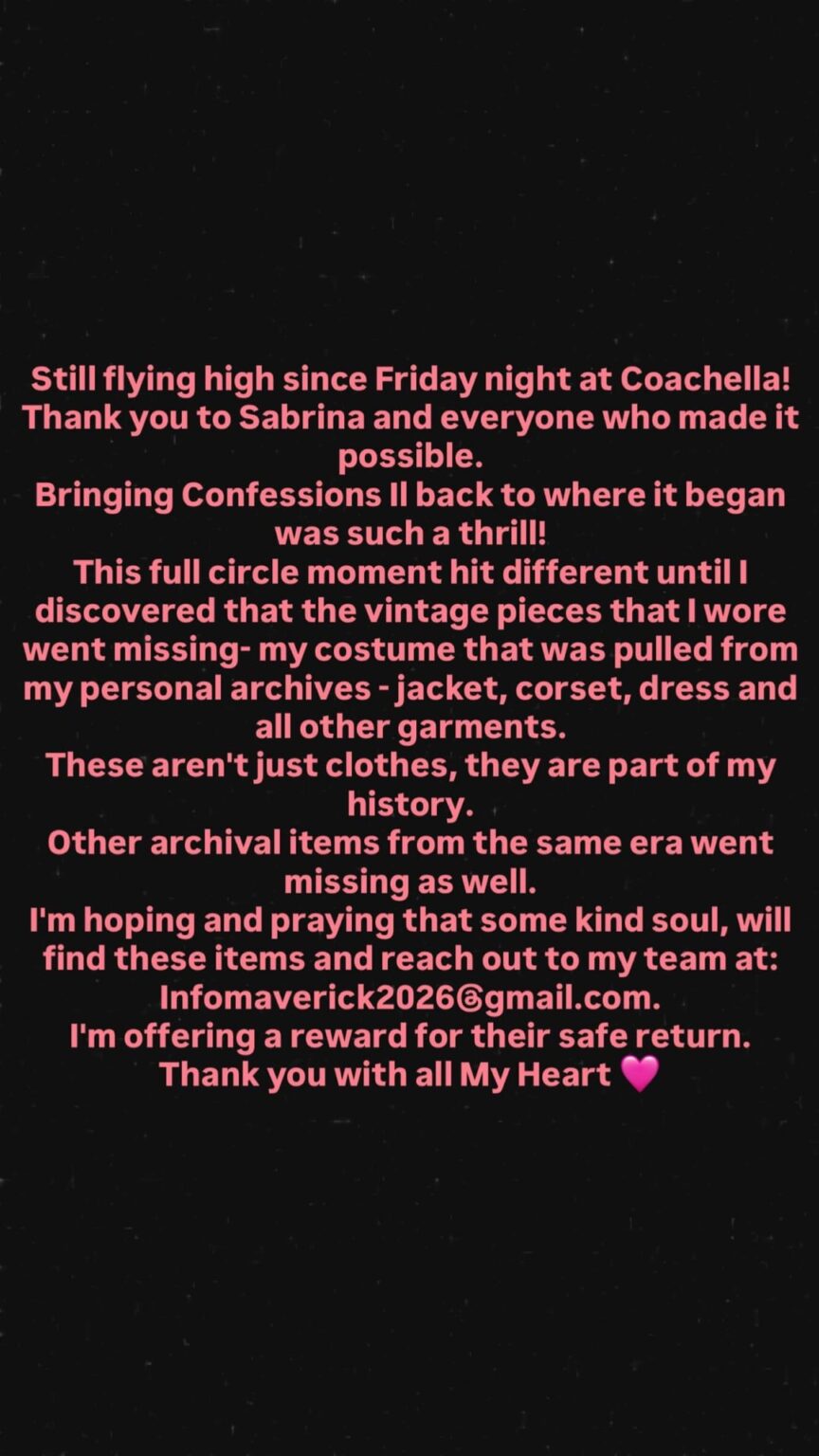 Madonna reveals that her Coachella outfit pieces were stolen and is offering a reward for their return