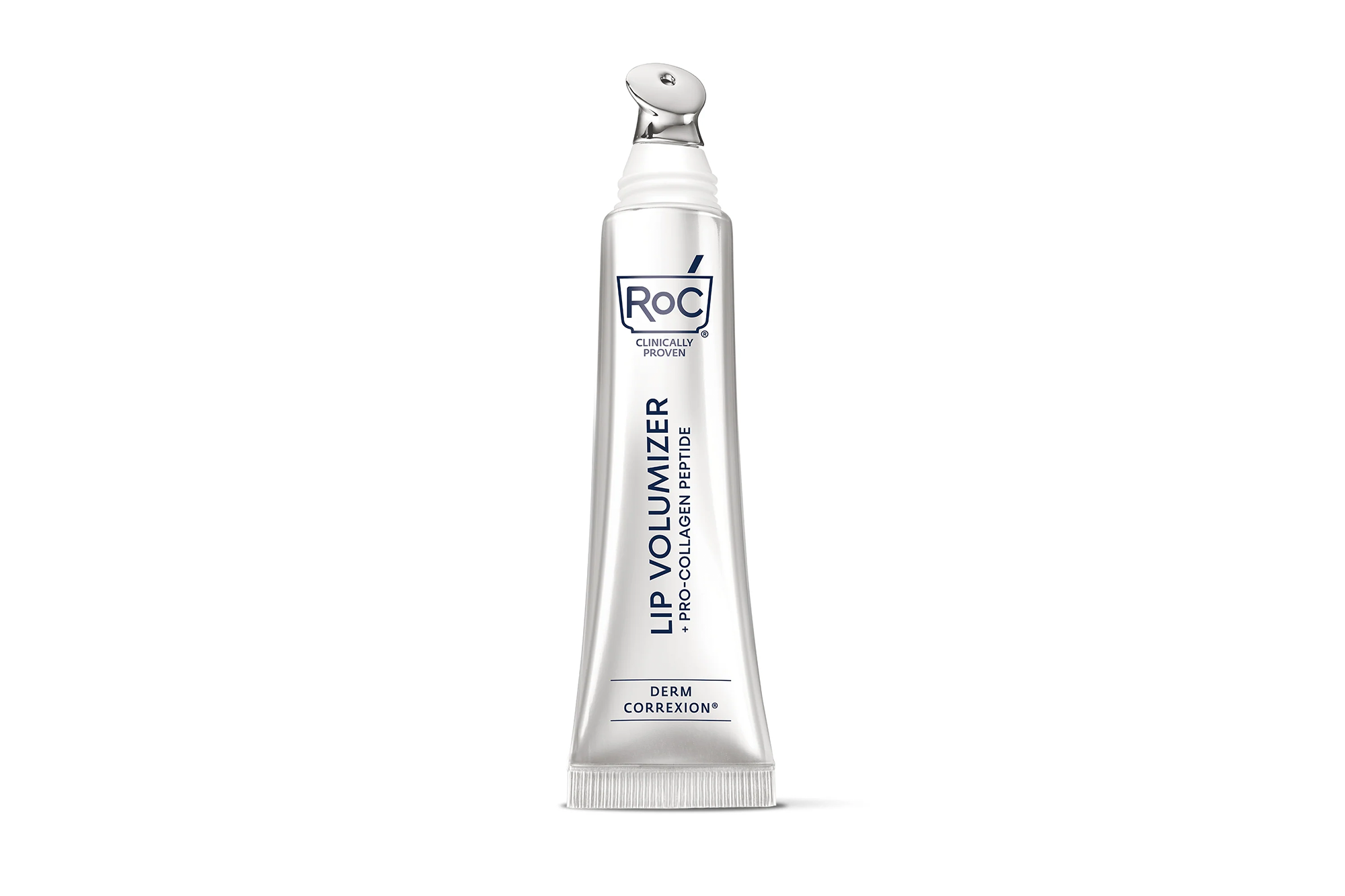 RoC Derm Correxion Lip Volumizer + Pro-Collagen Peptide in a white tube with a silver applicator.