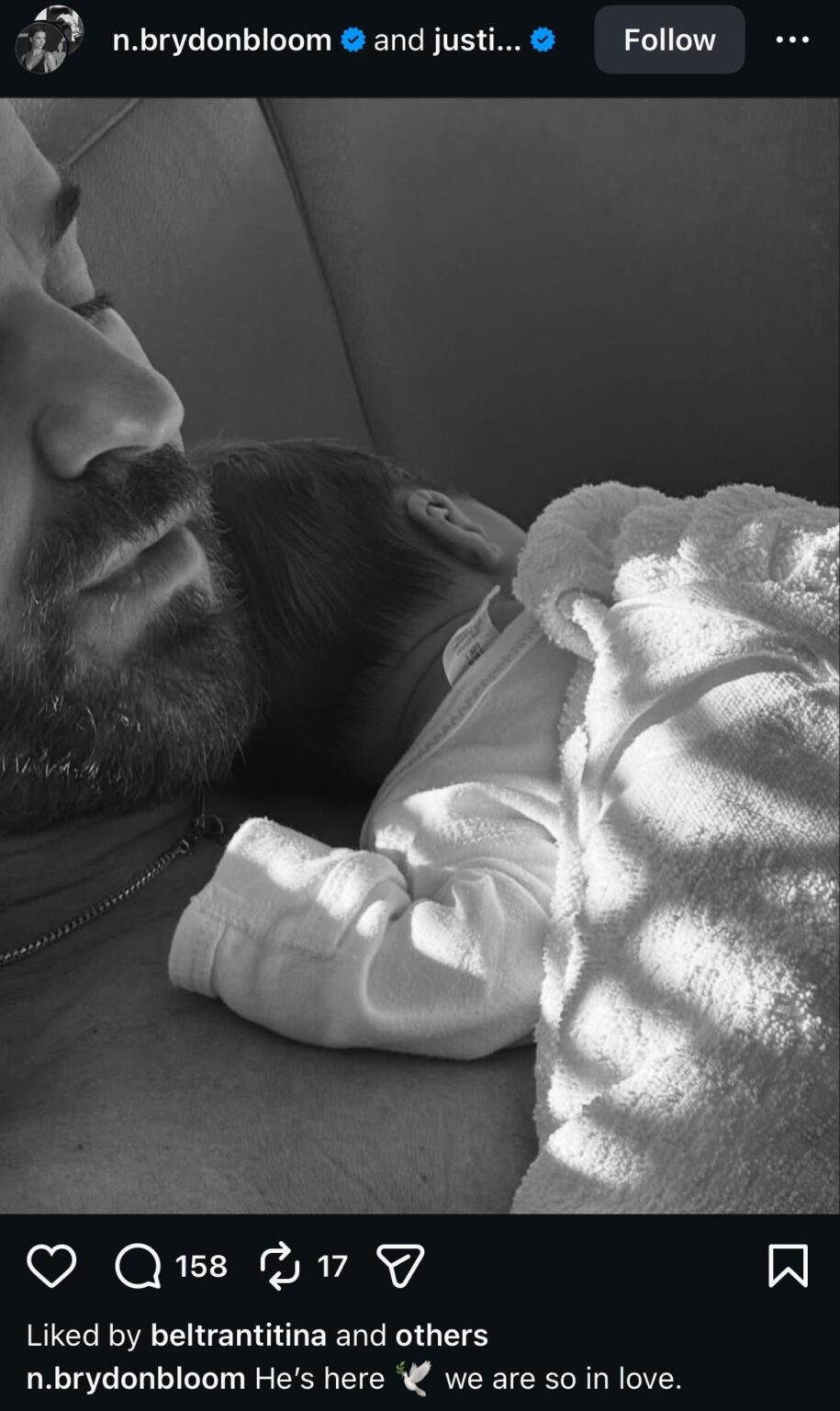 Justin Theroux and Nicole Brydon Bloom welcome a son “He’s here. we are so in love!”