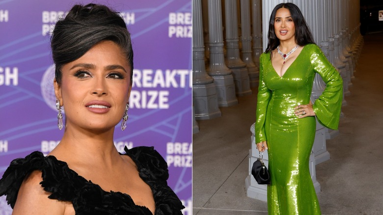 A close-up of Salma Hayek smiling and a photo of her posing in a green dress