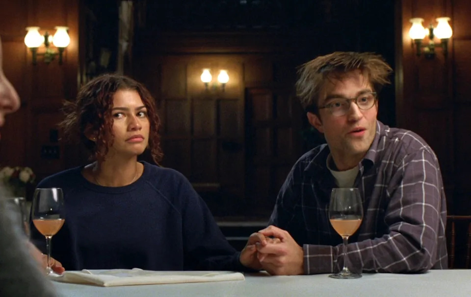 Zendaya and Robert Pattinson share a tense and intimate moment in "The Drama" as their characters navigate a complex relationship.