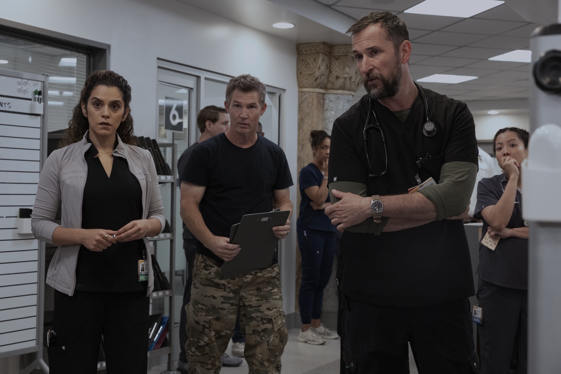 Sepideh Moafi, Shawn Hatosy, and Noah Wyle in Episode 9 of The Pitt Season 2