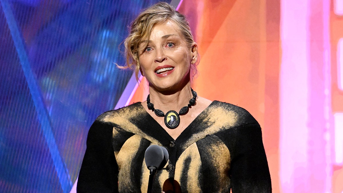 Sharon Stone on stage at the Movies for Grownups Awards with AARP in Los Angeles in January 2026.
