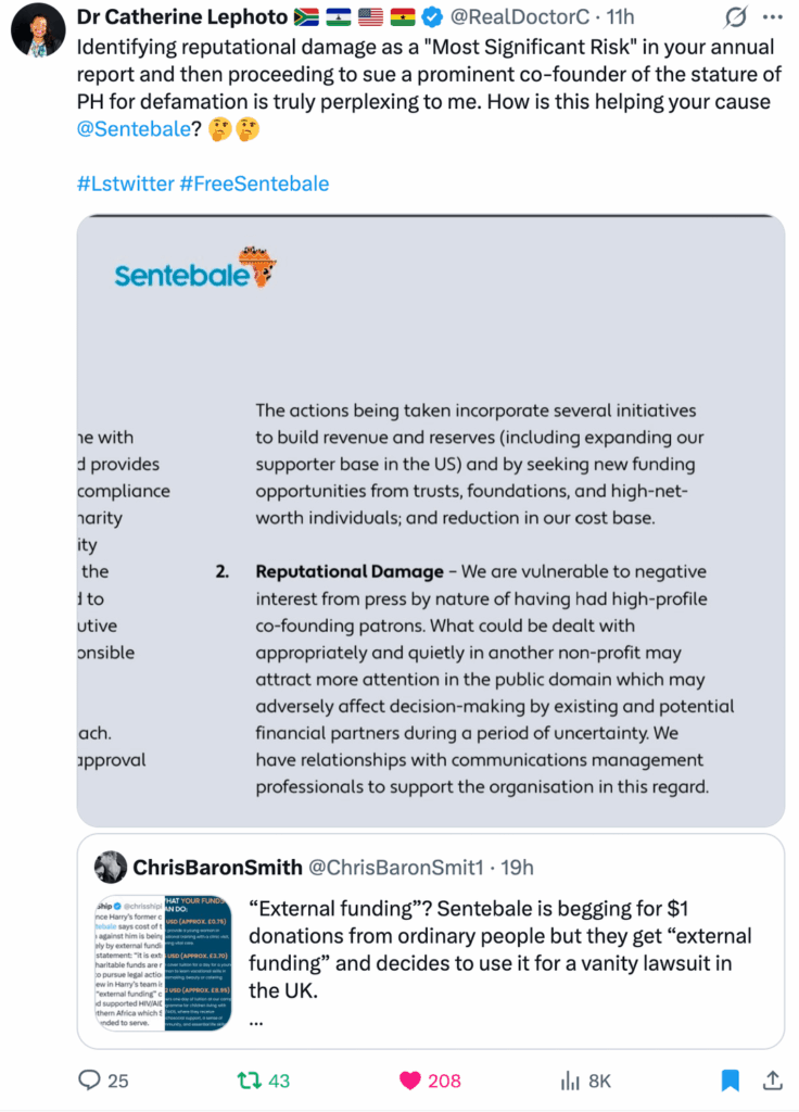 Dr. Catherine Lephoto, former Sentebale insider, has been tweeting and spoiler alert she is not a fan of Sophie Chanduaka.