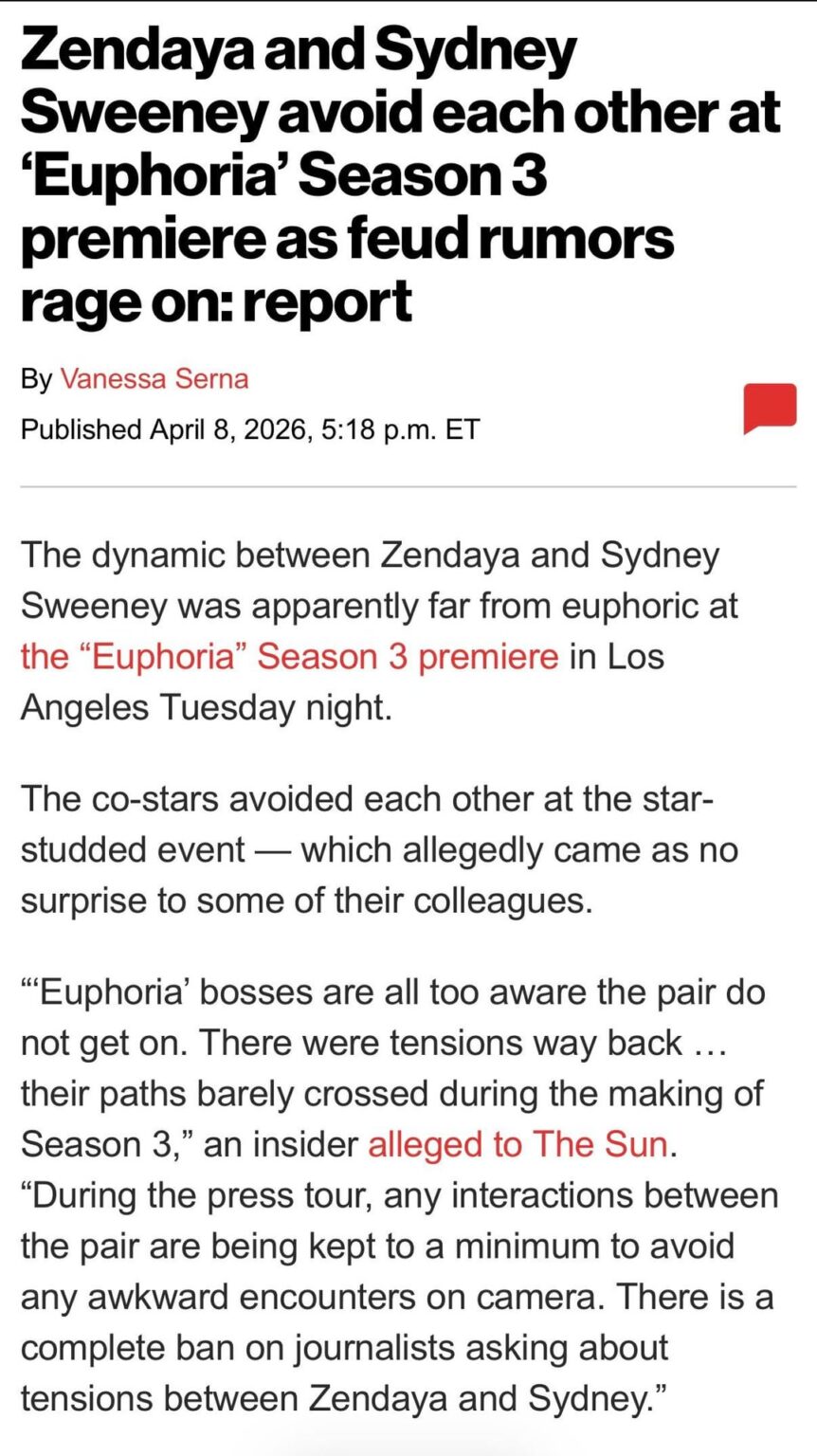 Zendaya and Sydney Sweeney avoid each other at ‘Euphoria’ Season 3 premiere amid feud rumors