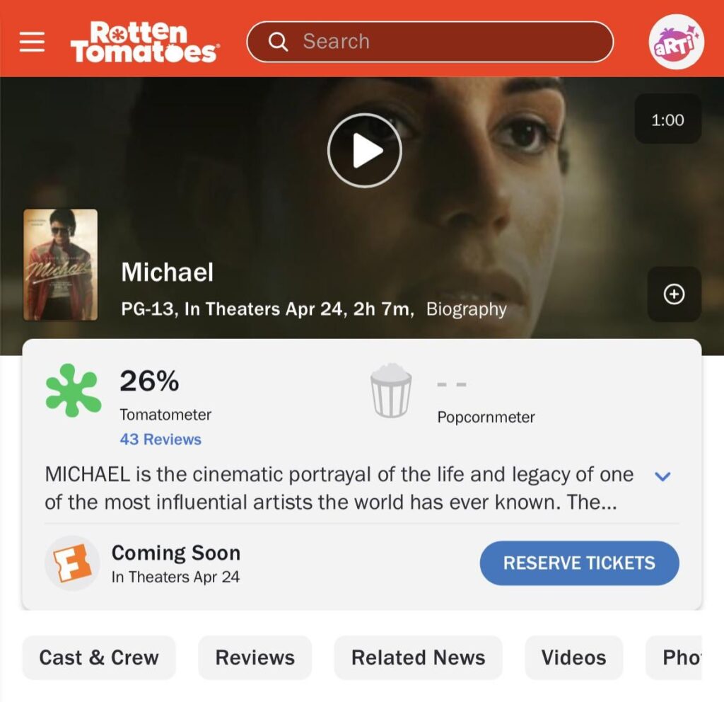 Antoine Fuqua’s ‘Michael’ debuts at 26% on Rotten Tomatoes based on 43 reviews.