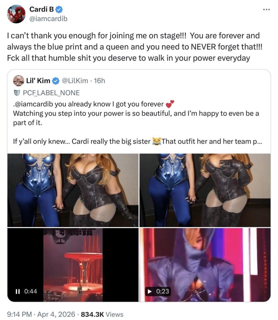 Cardi B thanks Lil Kim as being the blueprint and the queen after her recent concert in NYC.