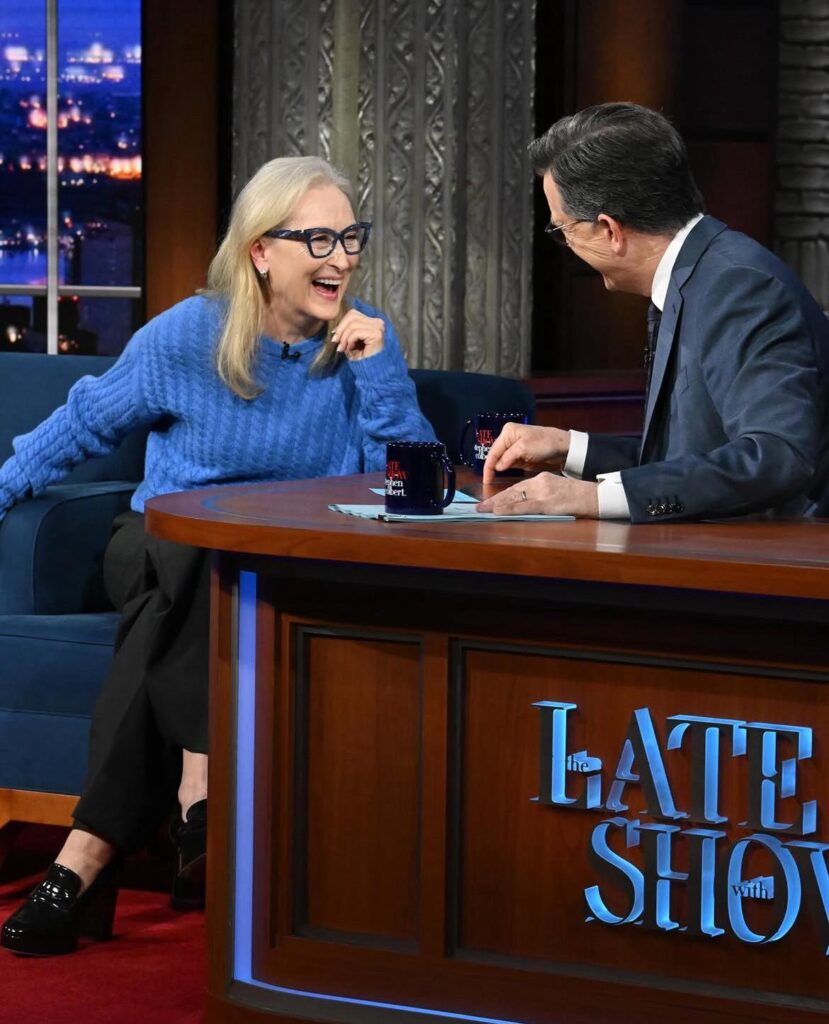 Meryl Streep on ‘The Late Show with Stephen Colbert’ in a cerulean sweater