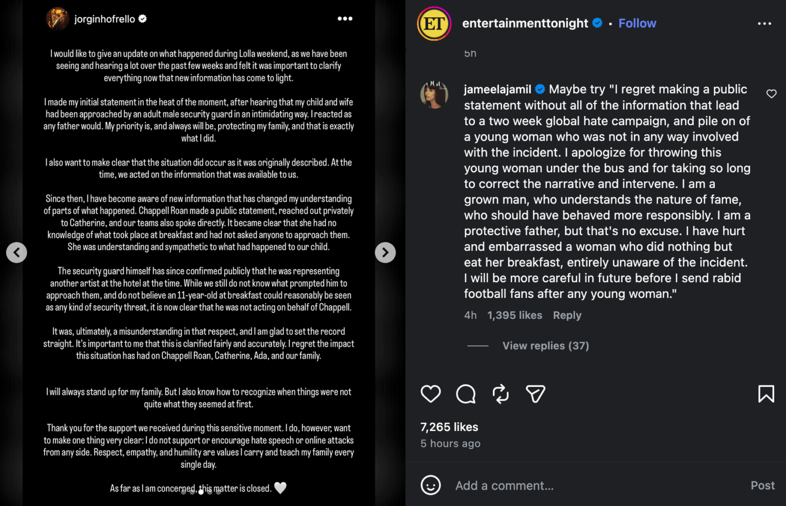 Jameela Jamil comments on Jorginho Frello's latest statement