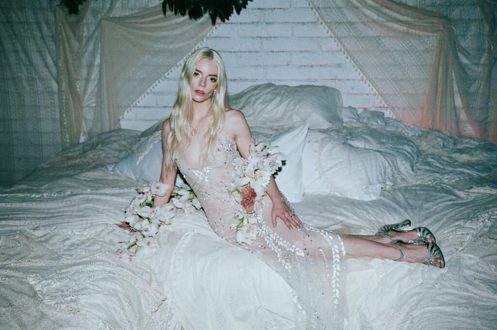 Anya Taylor-Joy wearing Rodarte fall 2020 embroidered tulle sheer gown to her 30th birthday party