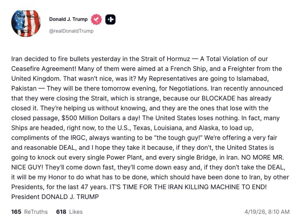 Trump claims Iran violated ceasefire, warns of targeting power plants and bridges: “No More Mr. Nice Guy! … It will be my Honor to do what has to be done, which should have been done to Iran, by other Presidents, for the last 47 years.”