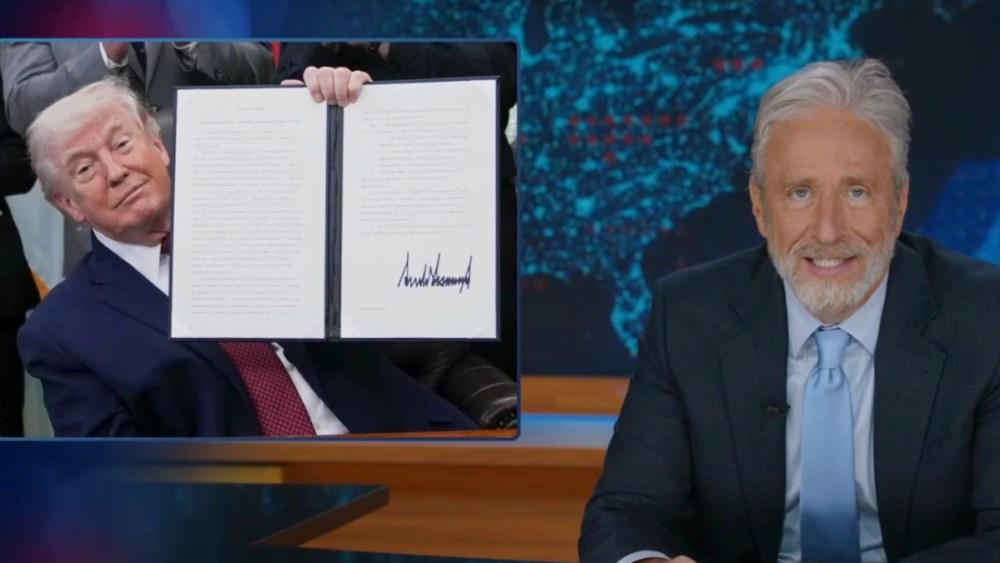 Jon Stewart Jokes That Donald Trump Is on Psychedelics After ‘Weird as S—‘ Bill Signing: ‘Have You Ever Really Looked at Your Signature, on Weed?’