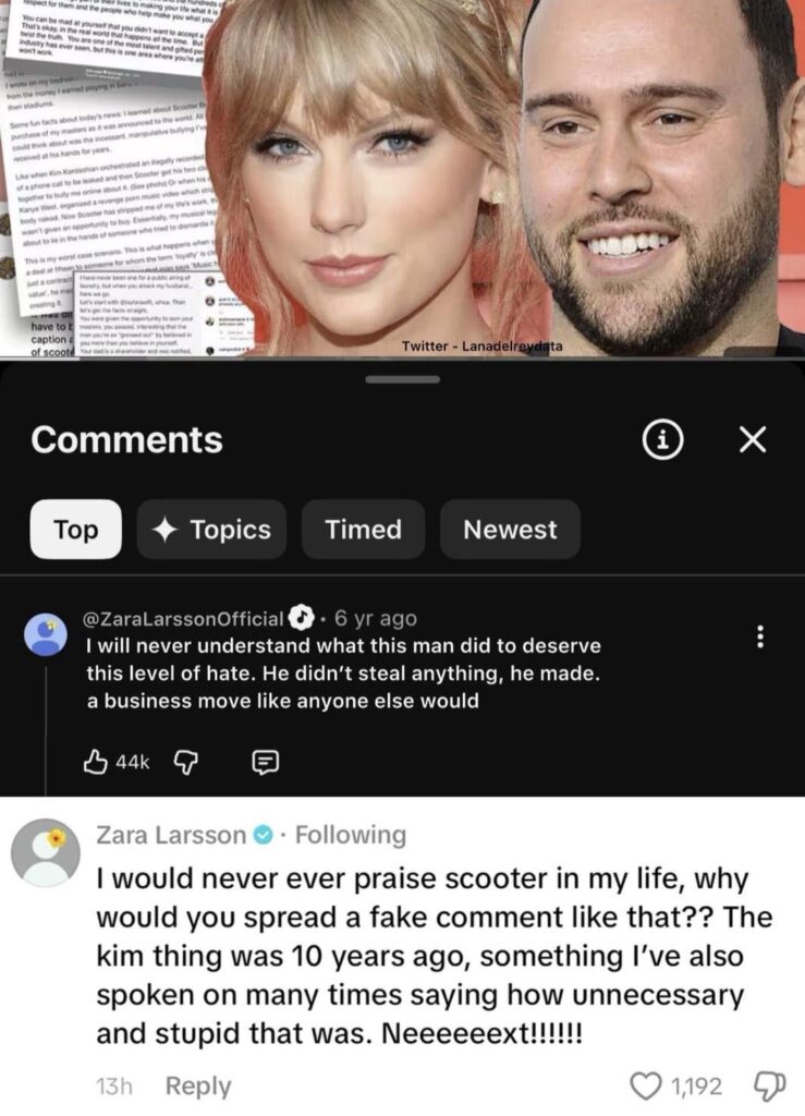 Zara Larsson responds to a FAKE comment Swifties are spreading of her praising Scooter Braun: “I would never ever praise scooter in my life”