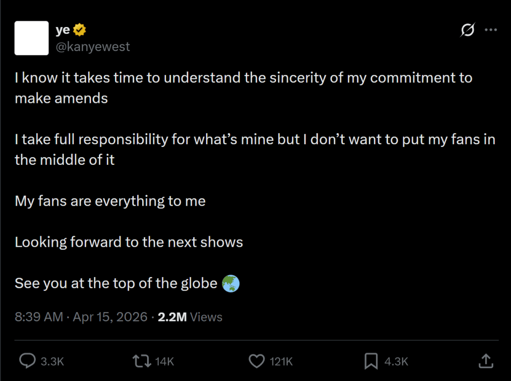 Kanye says he's sincere about making amends and doesn't want his fans to be affected by his past actions. This reflection comes on the heels of his London concert being cancelled, and his France concert being postponed.
