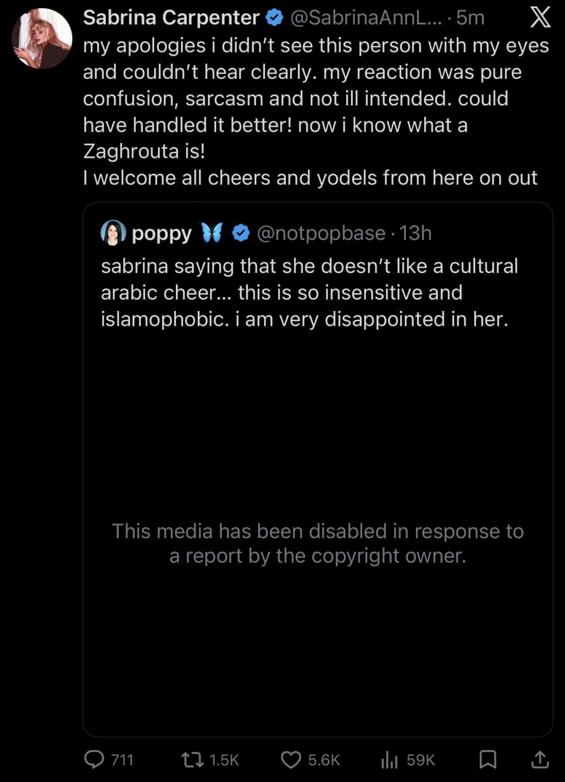 Sabrina Carpenter Apologizes for her comments at Coachella. My reaction was pure confusion, sarcasm and not ill intended. Could have handled it better!”