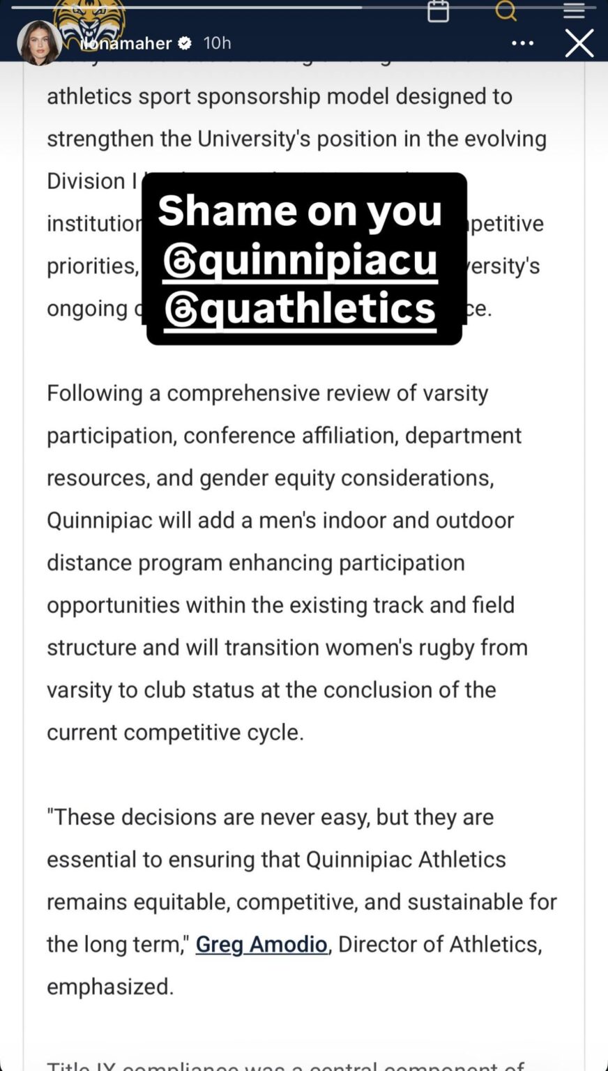 Ilona Maher calls out her alma mater Quinnipiac University for cutting women's varsity rugby to club status while adding a men’s distance track program. Quinnipiac established varsity women’s rugby in 2011 as part of a settlement in a landmark Title IX lawsuit.