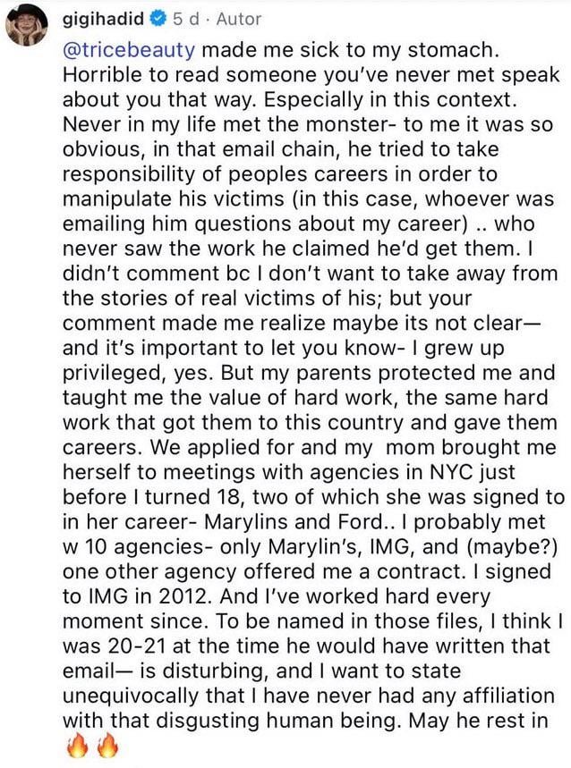 Gigi Hadid on being mentioned by Epstein in an email: “Horrible to read someone you've never met speak about you that way. Never in my life met the monster- to me it was so obvious, in that email chain, he tried to take responsibility of peoples careers in order to manipulate his victims”