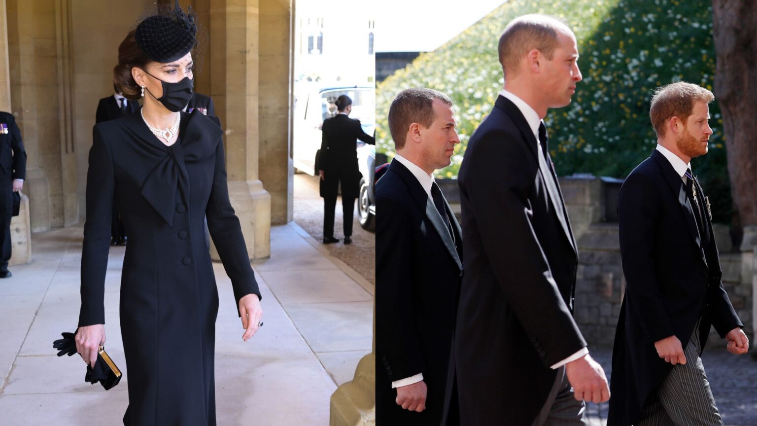 Princess Kate in a face mask and black outfit at Prince Philip's funeral; Prince William, Prince Harry and Peter Philips in dark suits walking at Philip's funeral