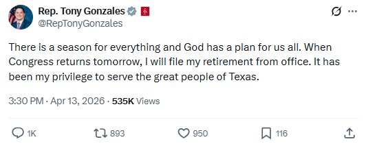 65 minutes after Congressman Eric Swalwell announced his resignation, Congressman Tony Gonzales (R-TX) announced his "retirement" from Congress on social media. Like Swalwell, Gonzales had solicited sex from at least two of his congressional staffers, including one who later committed suicide.