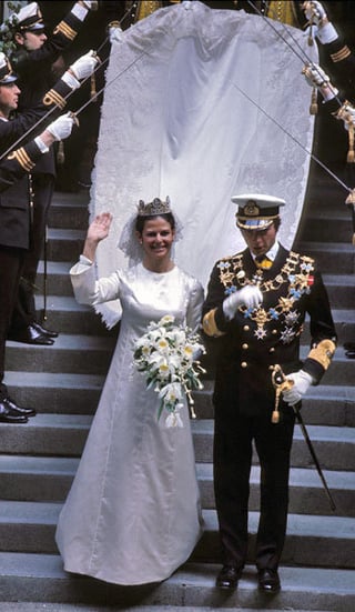 Swedish royal wedding dresses on display.