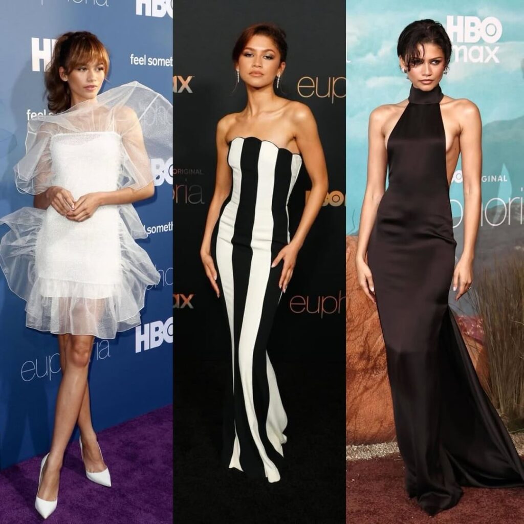 Zendaya, Alexa Demie, Hunter Schafer, Maude Apatow, Jacob Elordi, and Sydney Sweeney at each season premiere for Euphoria (2019-2026)