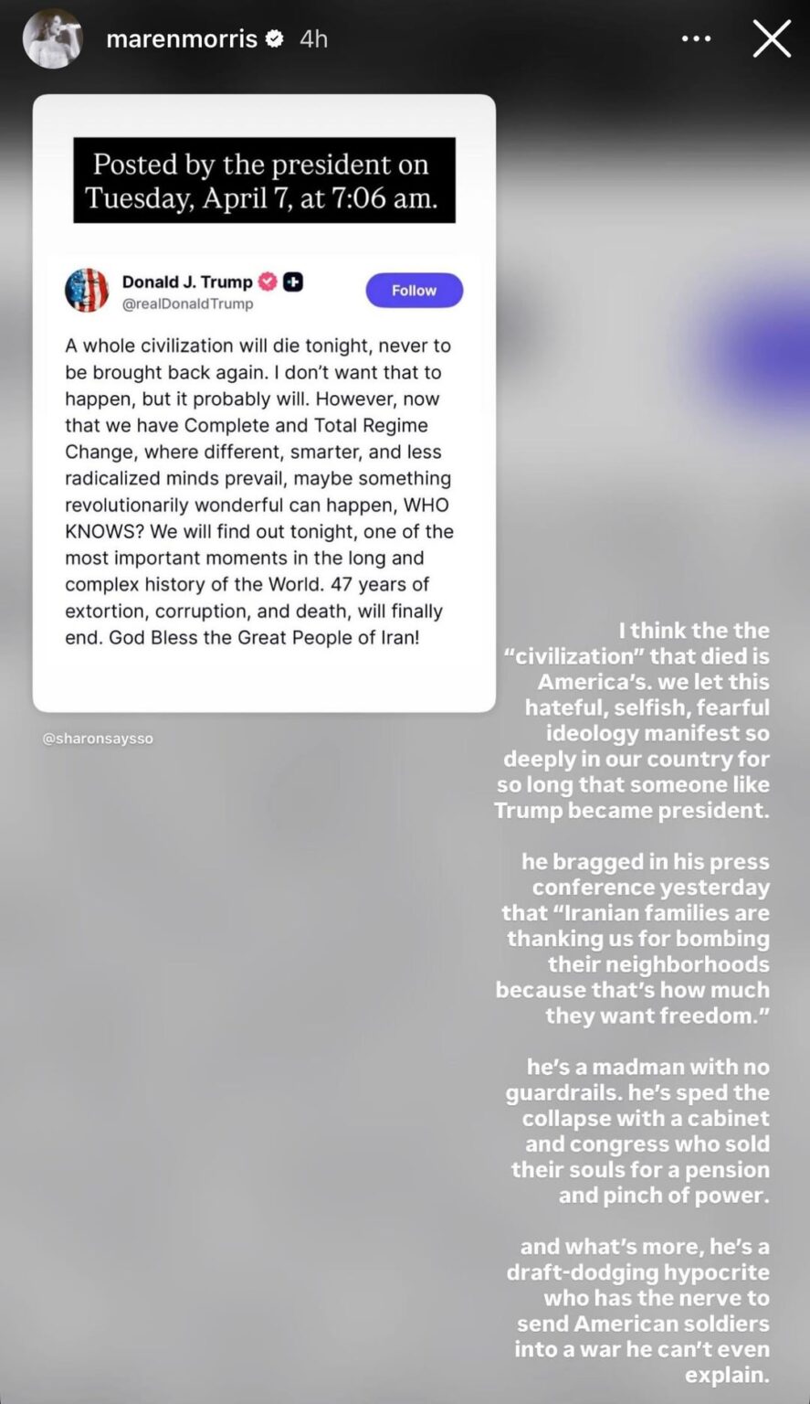 Country singer Maren Morris: I think the “civilization" that died is America's. we let this hateful, selfish, fearful ideology manifest so deeply in our country for so long that someone like Trump became president.