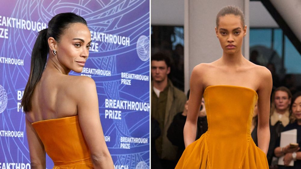 Zoe Saldaña in look 47 from Alaïa's fall 2026 collection at the 12th Breakthrough Prize Ceremony on Saturday; the look on the runway.