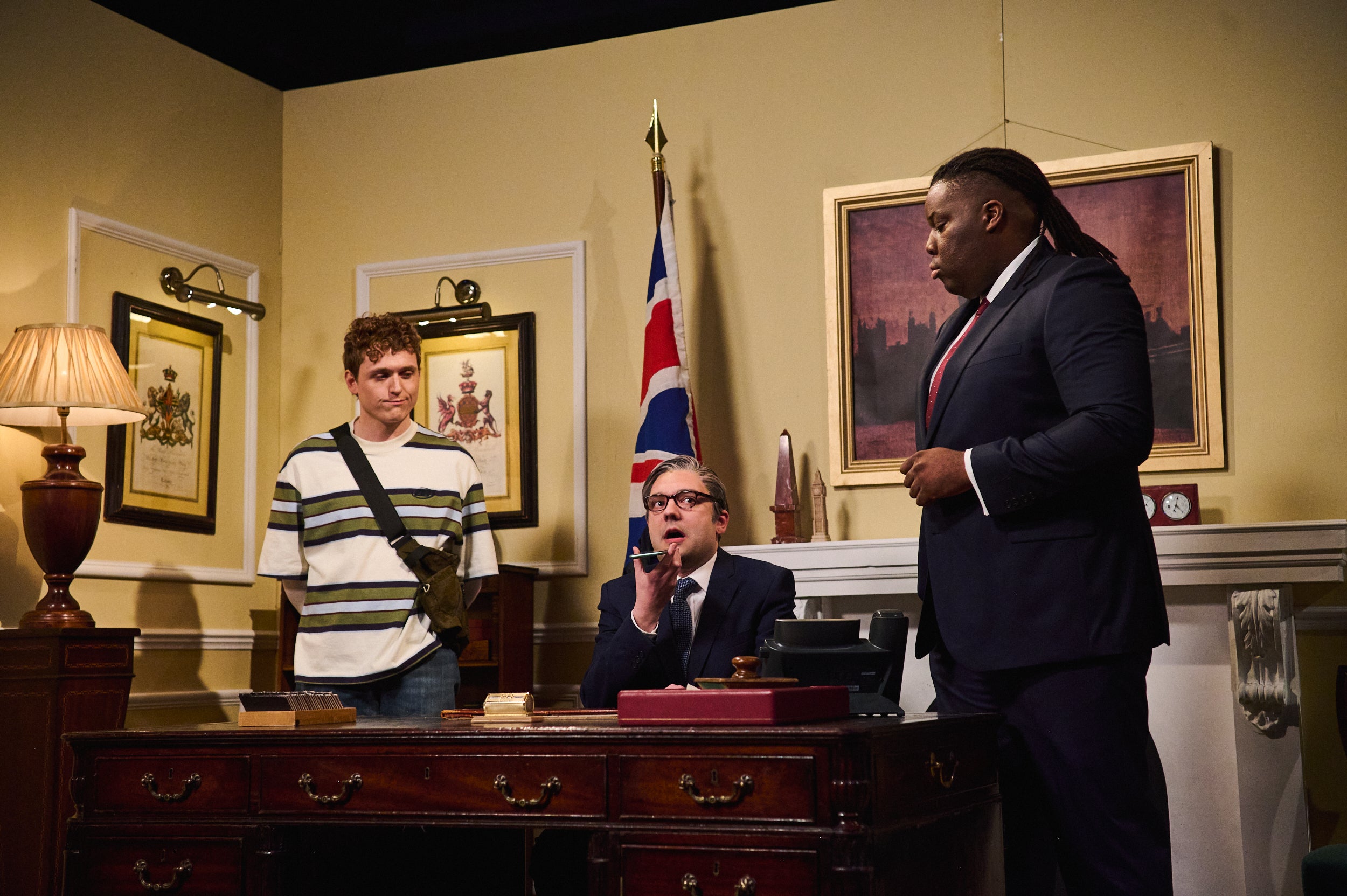 Jack Shep (Gen Z adviser), George Fouracres (Keir Starmer) and Hammed Animashaun (David Lammy) in the very first SNL UK cold open