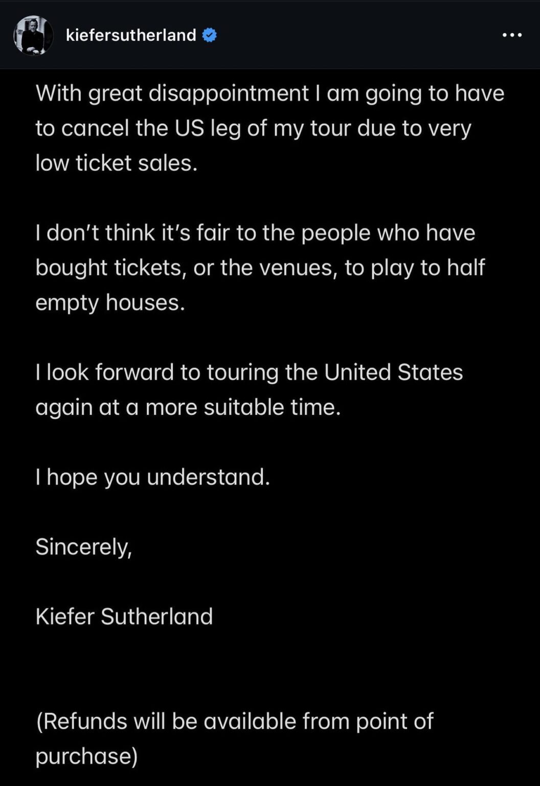 Kiefer Sutherland Cancels U.S. Tour Over “Very Low” Ticket Sales in Candid Message