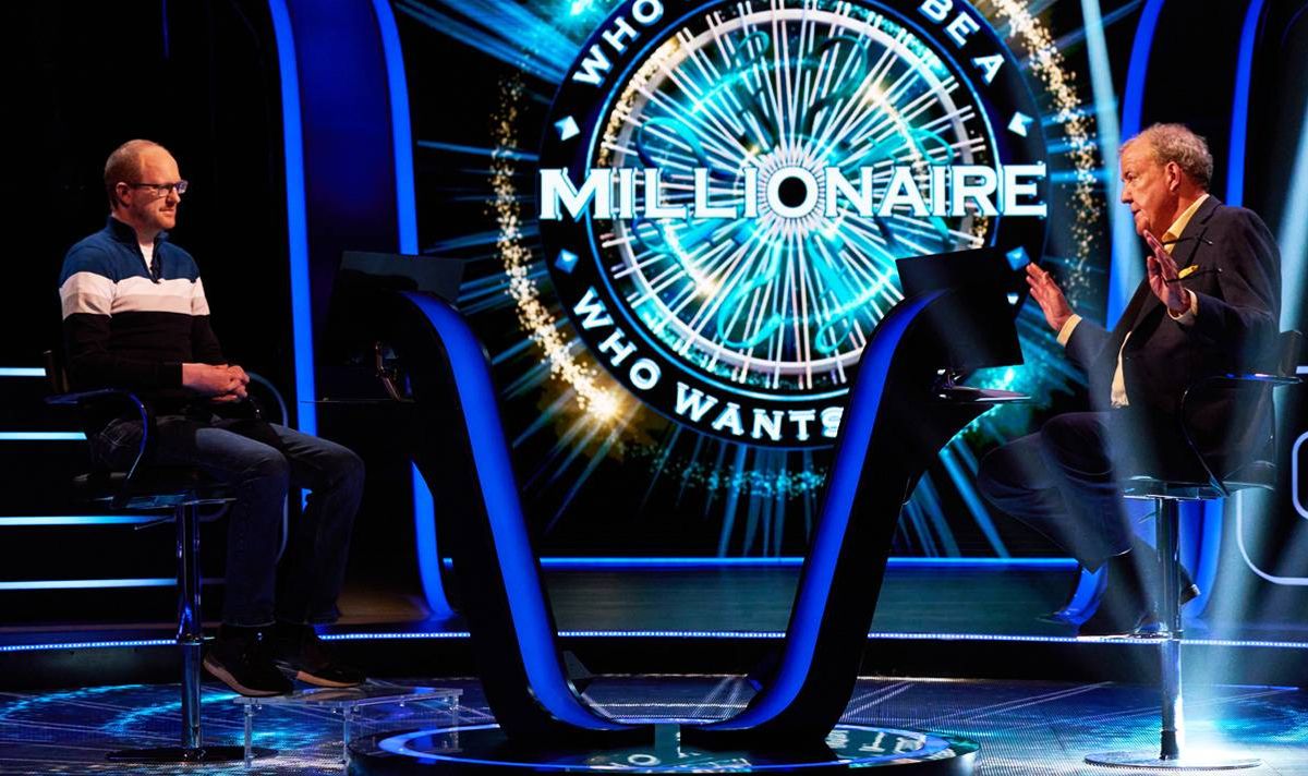 Andrew Fanko and Jeremy Clarkson on the set of Who Wants To Be A Millionaire