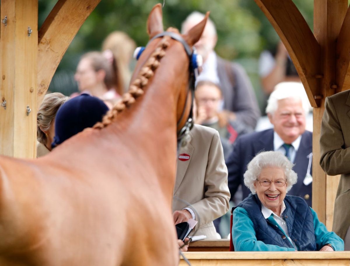 Queen Elizabeth II watches her horse 'First Receiver' win his retired racehorses qualifier at the Royal Windsor Horse Show on July 3, 2021