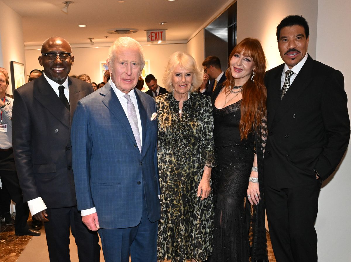 Edward Enninful, King Charles III, Queen Camilla, Charlotte Tilbury and Lionel Richie attend the Greater Together Reception on day three of the State Visit of King Charles III and Queen Camilla to the United States of America, at auction house Christie’s, on April 29, 2026 in New York City